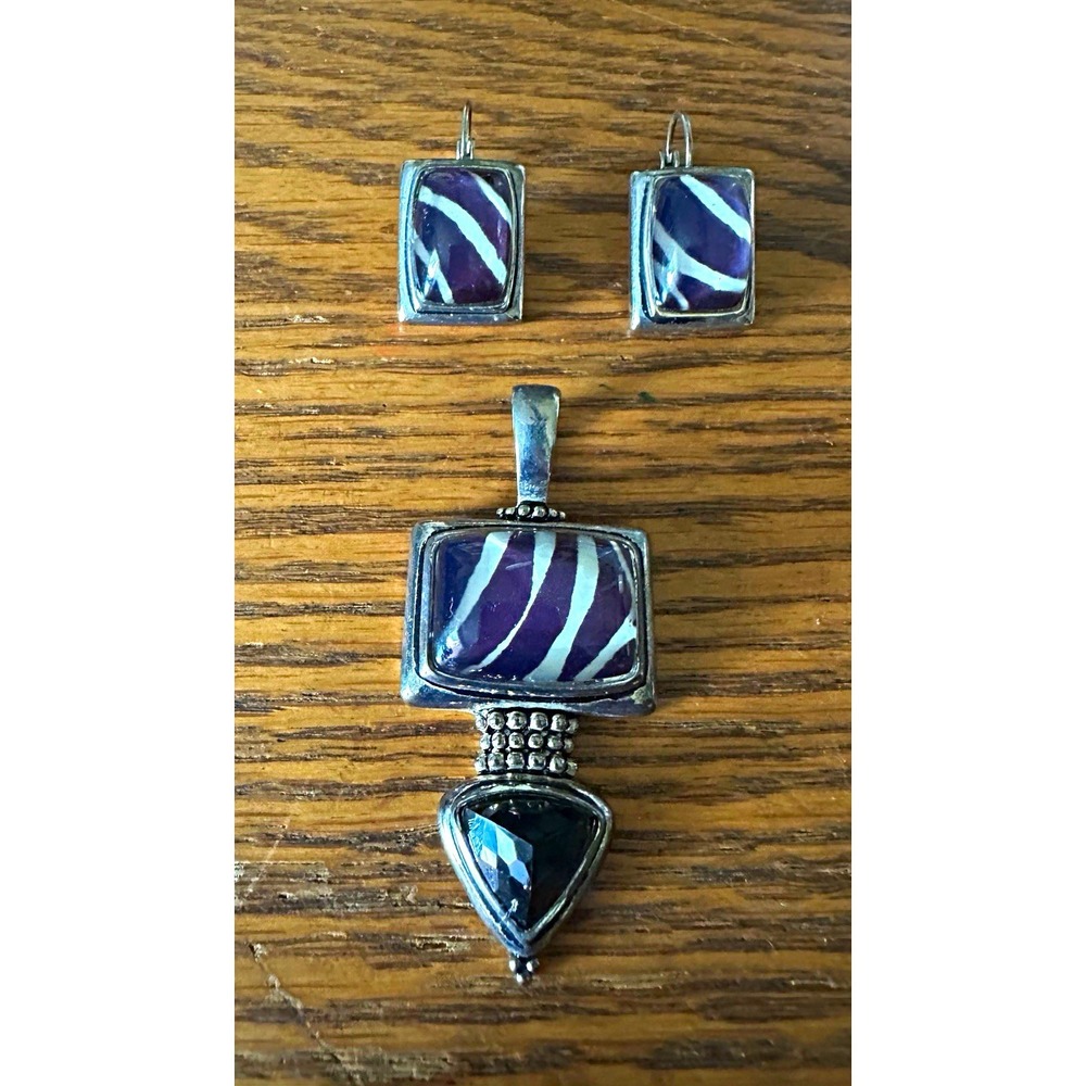 Black Zebra Pattern Silver Tone Pendant and Leverback Earrings Set